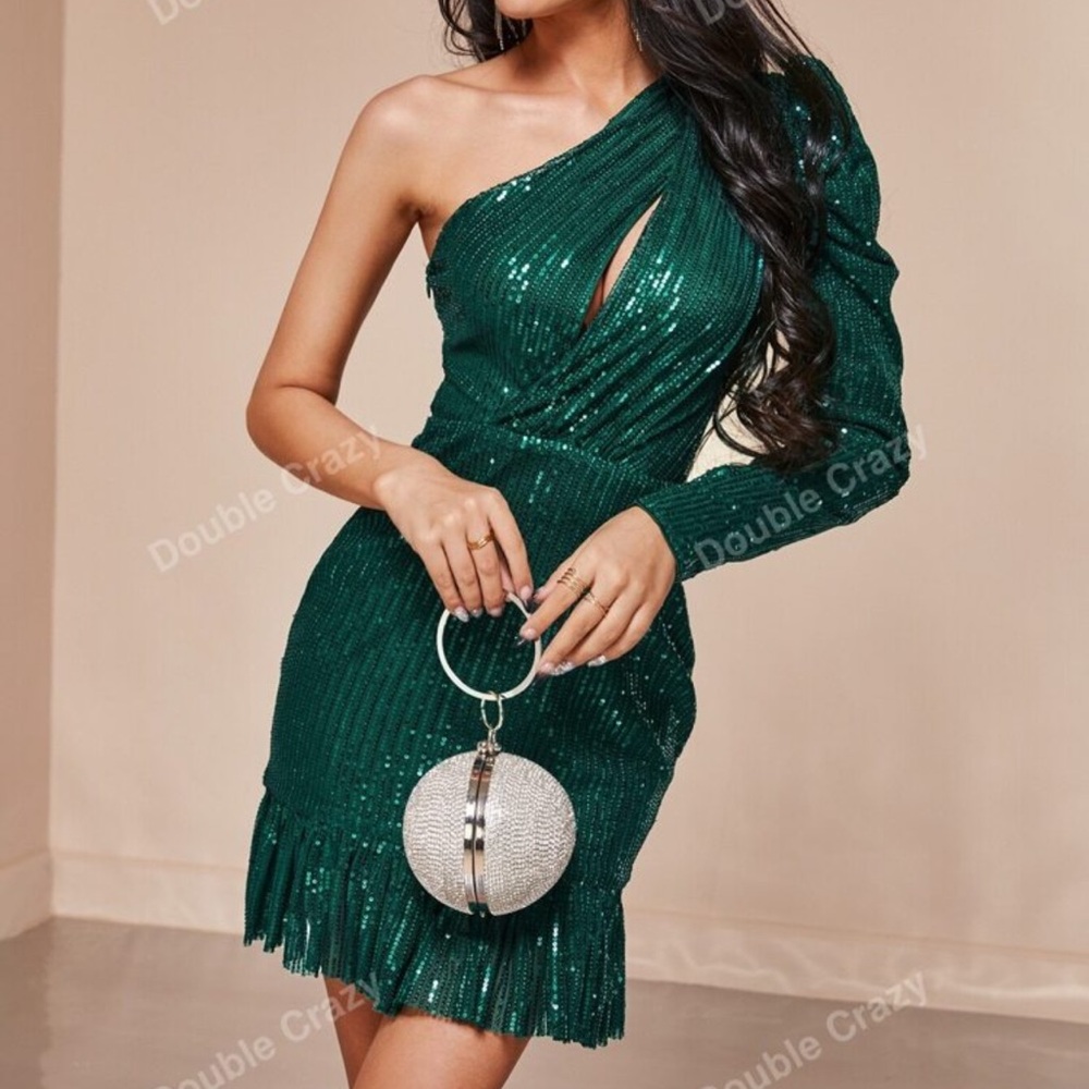 Green Sequin One-Shoulder Dress